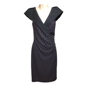 Joseph Ribkoff Polka Dot Black Ruched Side Dress w/ Oversized Collar Size 6
